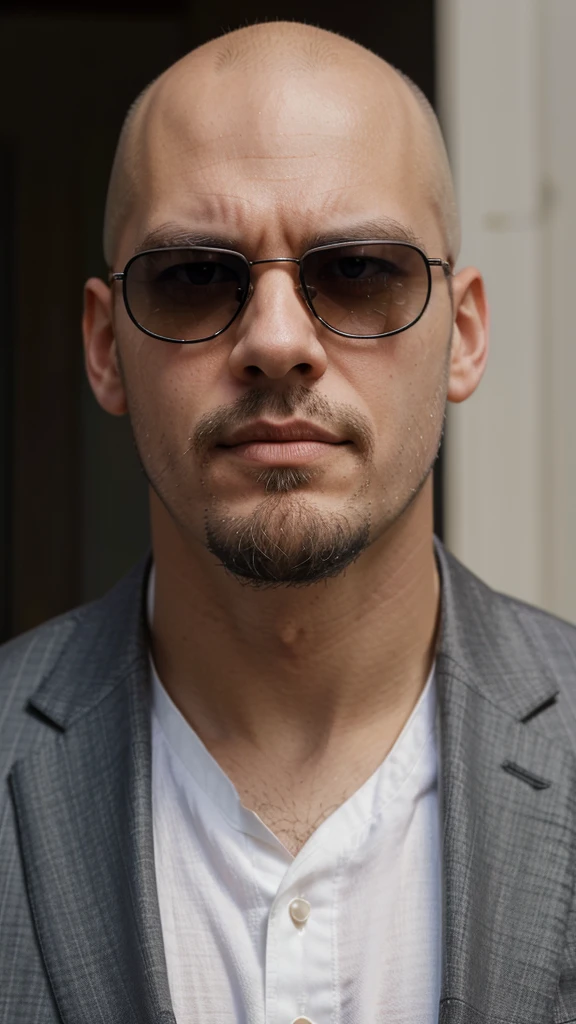 a close up of a bald man wearing sunglasses and a suit, bald with short beard, short goatee, thin beard, christian dimitrov, shaved beard, inspired by Víctor Manuel García Valdés, with glasses and goatee, adar darnov, beskinski, georges mathieu, marco plouffe, goatee beard, goatee, manly arrogant domineering face