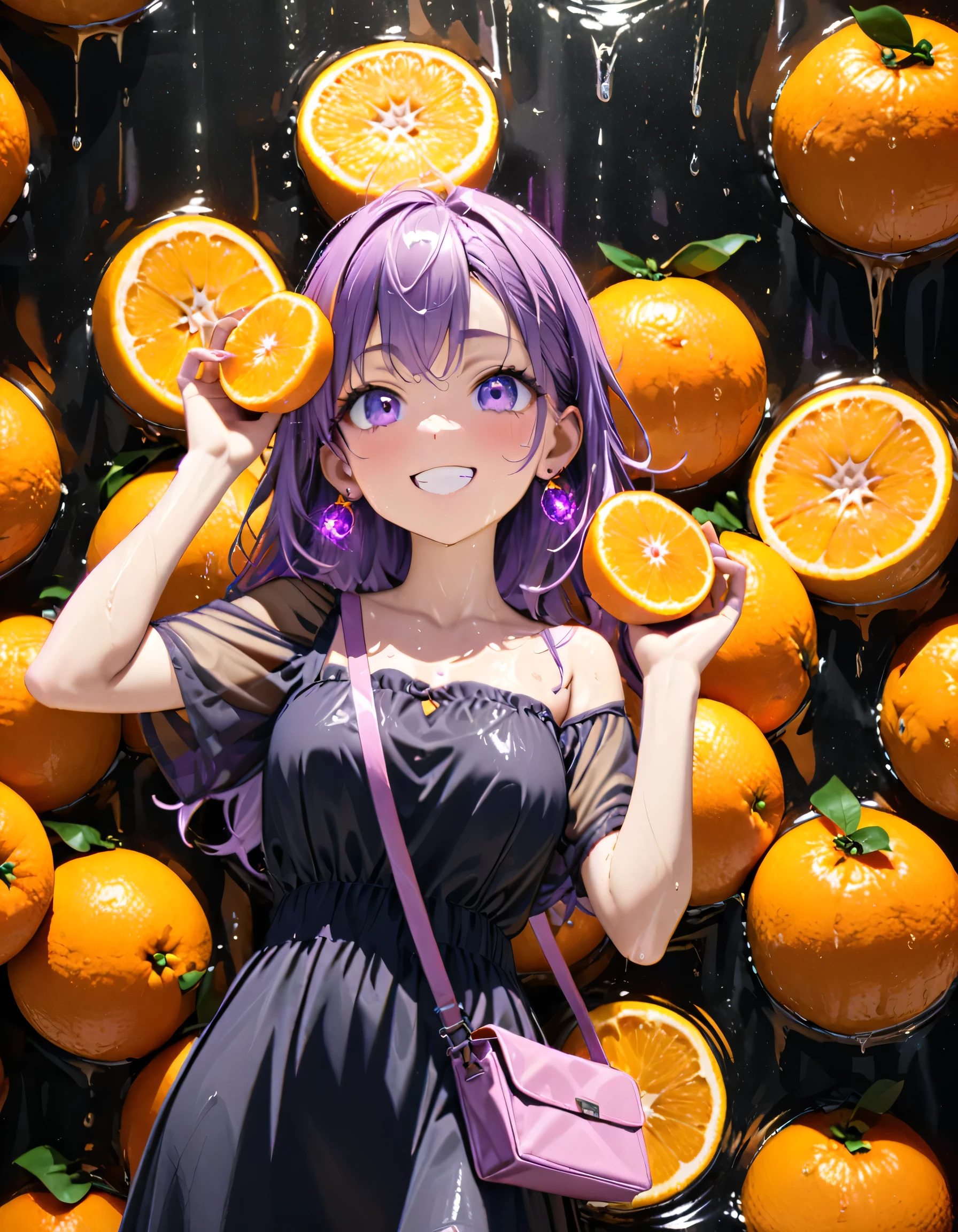 Purple hair girl painting、Glass mandarin orange earrings decorate both ears、Eye color: Ocean pink purple、Space Eyes、Standing among slices of oranges and taking a photo, Splash, Cool and complicated, Hand holding sliced orange, A very happy expression with plenty of orange juice、Orange juice spills from both hands、A waterfall of orange juice, Look up、The best smile、Open your mouth wide、Grin、Eyes closed、((Purple and black dress))、((Syringe Shoulder Bag)), Fun and lively characters, close( Perfect Anatomy )、Wet Hair、wet dress、See-through、Soaking wet、quality\(8K,Highly detailed CG unit wallpaper, masterpiece,High resolution,top-quality,top-quality real texture skin,surreal,Increase the resolution,RAW Photos,highest quality,Very detailed,wallpaper,Cinema Lighting,Ray-tracing,Golden Ratio\),[Browsing Caution]、orange theme、Everything except the clothes, hair, and eye color is orange.