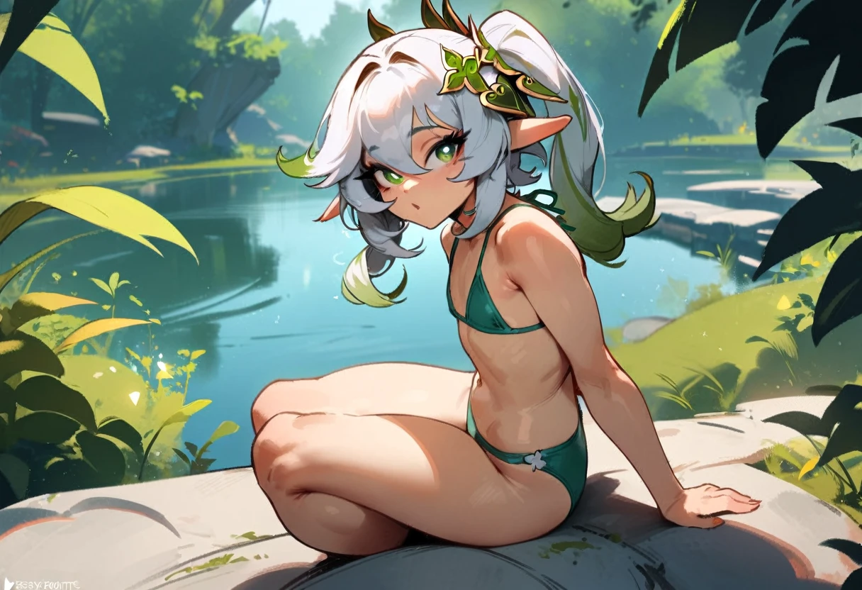 1girl, nahida \(genshin impact\), genshin impact \\\\\ masterpiece, best quality, very aesthetic, absurdres, newest \\\\\\ slim body,///// ,by nyantcha,cutesexyrobutts , by khyle,,////// beautiful face, sexy, , greenery,bikini, lake, looking at viewer, flat chest,sit