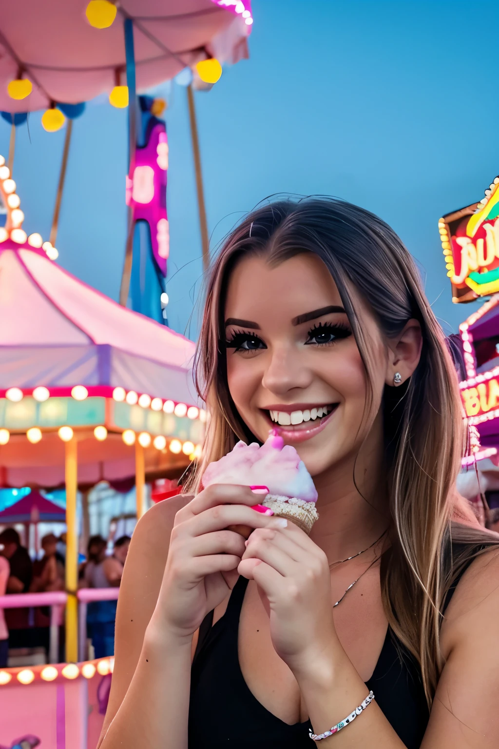 21 year old woman Brooke monk eating cotton candy at a carnival happy and smiling