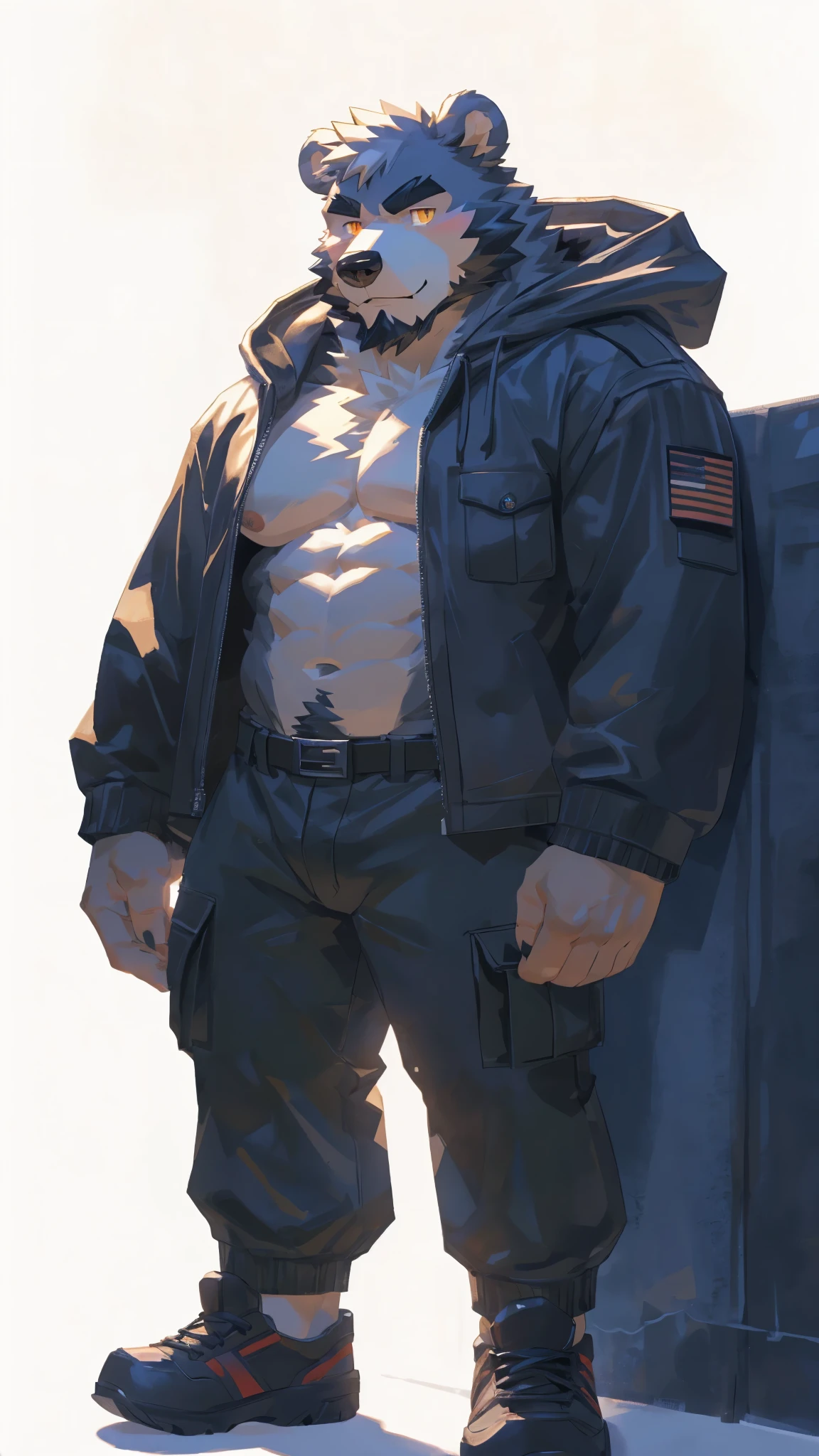 (masterpiece:1.2), best quality,pixiv,official art,perfect anatomy, (Ray tracing, light),solo, (1_male:1.3) , (muscle), (grey fur:1.4), (muscle bear), (beard:1.2), (gleaming golden eyes), bear tail, full body, Thick black eyebrows,(open hooded parka), (naked inside), jeans, (cargo pants:1.2), black shoes, (pure white background: 1.3)