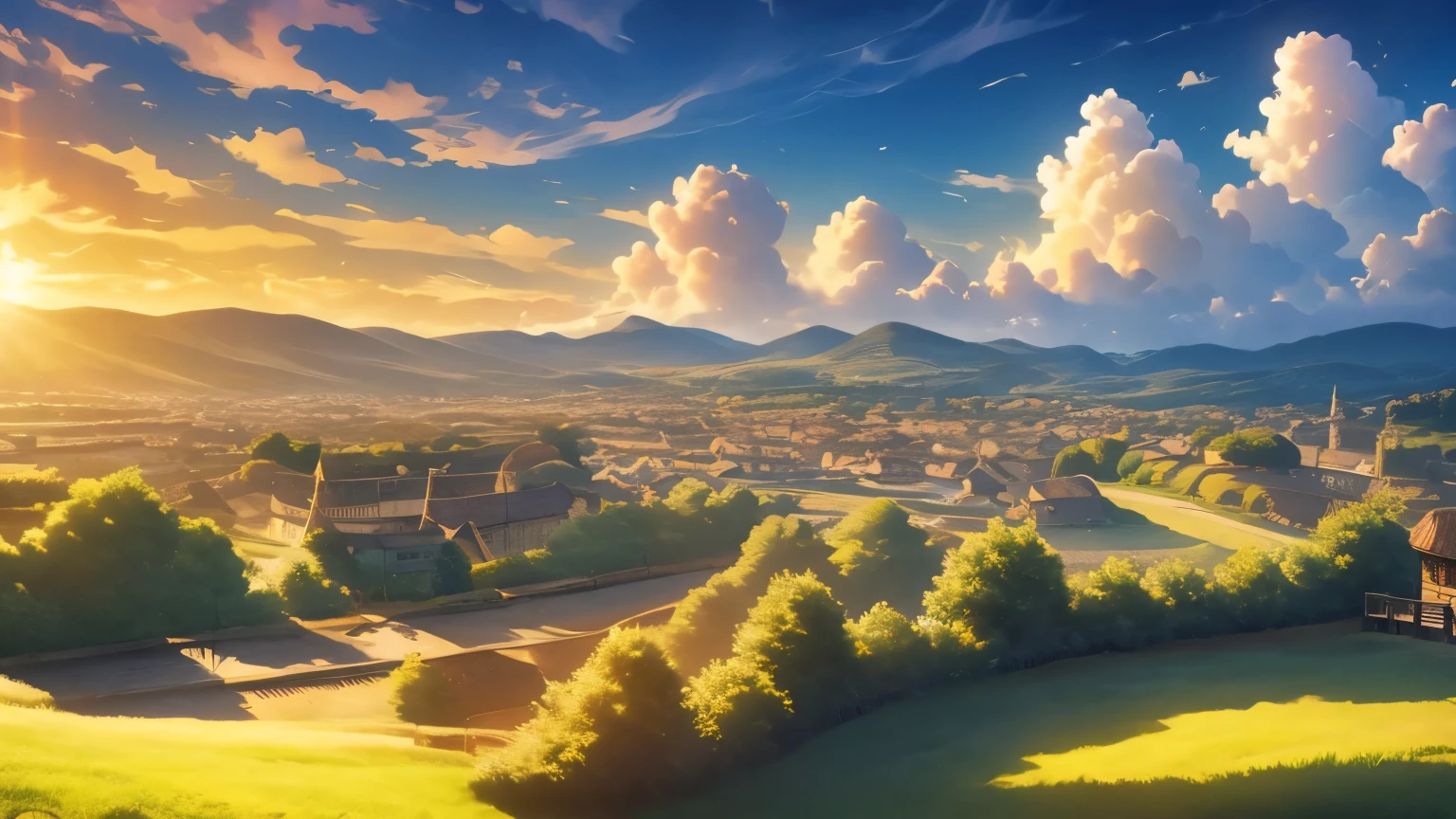 Fantasy Style Country town Cityscape with the sun setting Your shadow fades away