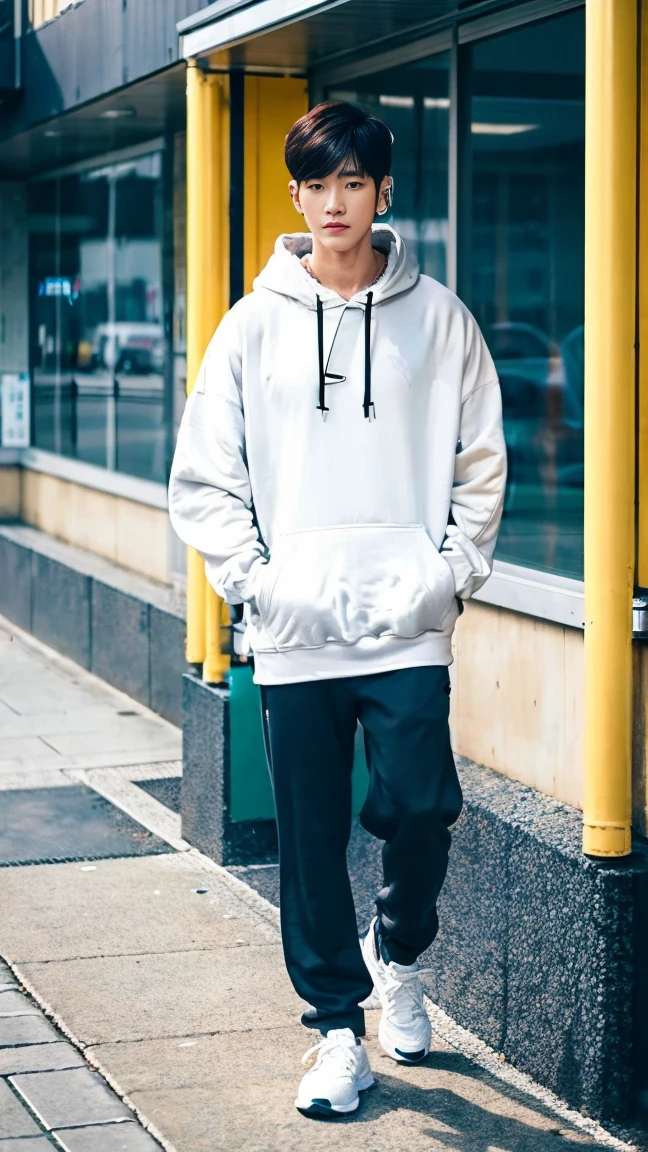 A man wearing a hoodie and headphones walks on the sidewalk., male Ulzzang, Wear an oversized hoodie., Wear a fisherman's outfit 🧥, Ulzzang, has long white hair, Kim Doyoung, Chai Sukun, Put on a hoodie., has long white hair, Japanese Streetwear, beige hoodie, gray hoodie, Put on Japanese technology