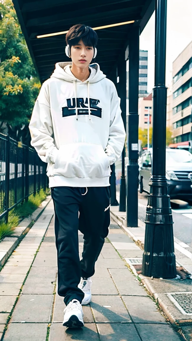 A man wearing a hoodie and headphones walks on the sidewalk., male Ulzzang, Wear an oversized hoodie., Wear a fisherman's outfit 🧥, Ulzzang, has long white hair, Kim Doyoung, Chai Sukun, Put on a hoodie., has long white hair, Japanese Streetwear, beige hoodie, gray hoodie, Put on Japanese technology