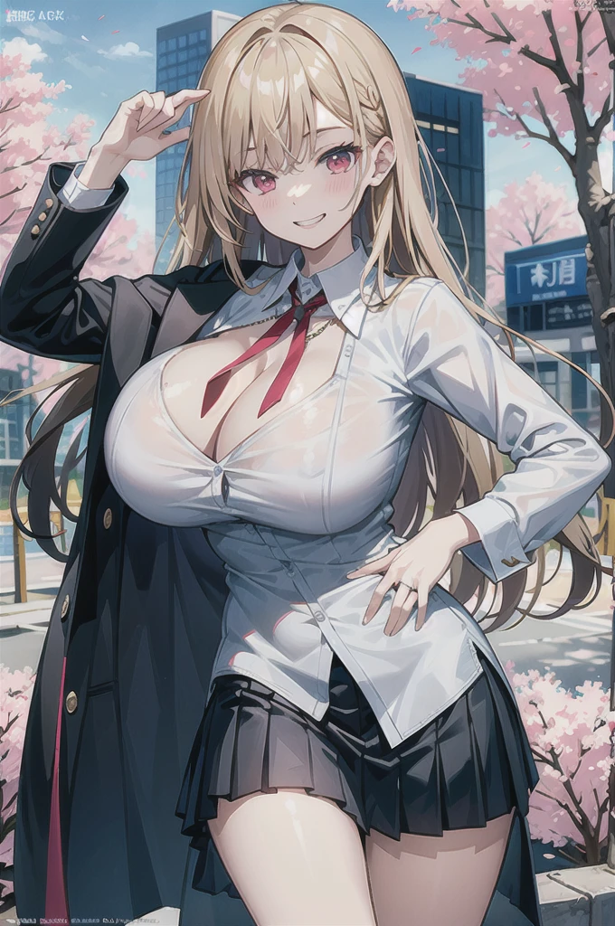masterpiece, best quality, whole body,
1 Girl, Bangs, black Necklace, black tie, Blonde hair, blue skirt, blush, bracelet, breast, Necklace, clothes About waist, clavicle, collared shirt, Cowboy shooting, dress shirt, ear punching, Eyebrows visible through hair, Gradient hair, Grin, promote, Jewelry, Kogar, Long hair, Looking at the audience, loose tie, tie, punching, lattice, lattice skirt, pleated skirt, Red Eyes, ring, , shirt, skirt, Smile, Solitary, white shirt,
street, Sky, Cherry blossoms, petal,illustration, (Magazine:1.3), (cover-style:1.3), Fashionable, Miss, Energetic, Full set of clothing, Strike a pose, front, rich and colorful, Dynamic, background, element, confident, Express, Keep, statement, Accessories, majestic, curled, About, Touch, Scenes, text, cover, bold, striking, title, fashionable, Font, striking, title, Bigger, striking, Modern, trend, Key Points, Fashion,
