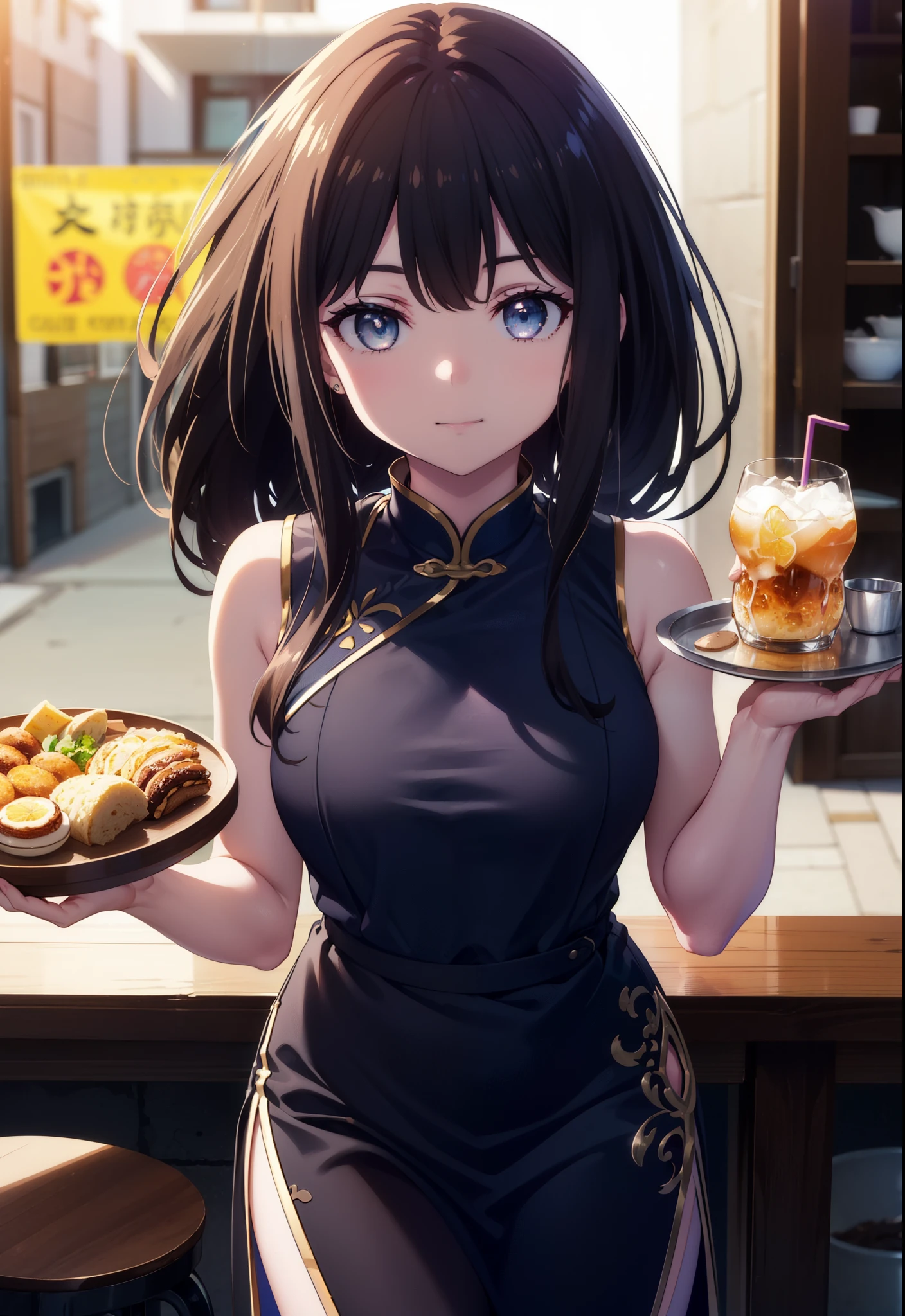 Takiuchi, Check it out, Long Hair, bangs, Black Hair, (Purple eyes:1.2),happy smile, smile, Close your mouth,
Sleeveless blue Chinese dress,Blue long slit,Black hose,Stiletto heels,Tables and chairs, food, drink, tray, tray in one hand,whole bodyがイラストに入るように,Walking,
break indoors,Chinese style coffee shop,
break looking at viewer, whole body,
break (masterpiece:1.2), Highest quality, High resolution, unity 8k wallpaper, (shape:0.8), (Fine and beautiful eyes:1.6), Highly detailed face, Perfect lighting, Highly detailed CG, (Perfect hands, Perfect Anatomy),
break outdoors, city,
break looking at viewer, (Cowboy Shot:1.5),
break (masterpiece:1.2), Highest quality, High resolution, unity 8k wallpaper, (figure:0.8), (Beautiful attention to detail:1.6), Highly detailed face, Perfect lighting, Highly detailed CG, (Perfect hands, Perfect Anatomy),