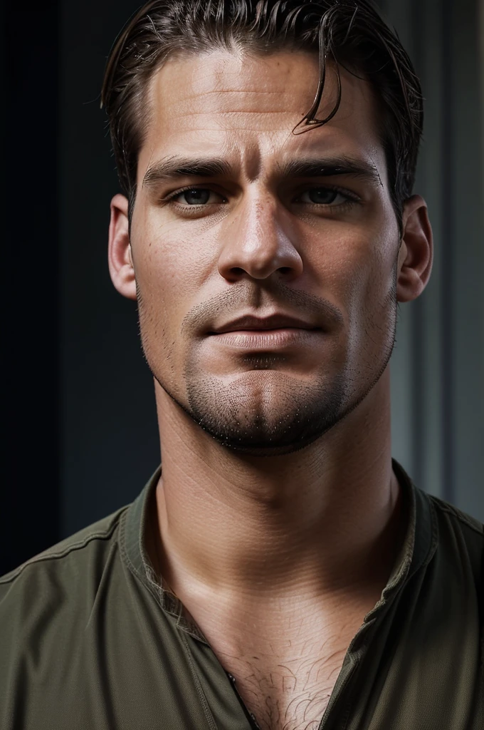 Illustration in Leyendecker style: full-length drawing Sean Strong - 29, 6'1", 205 lbs, cos, similar to Henry Cavill, but a face like Tom Hardy for inspiration, beutiful, but not model material, Dark Brown Hair, Almost black pool of eyes, Constant five-hour shadow, pouty lips, marine, MARSOC Artillery Sergeant, Head of the Operations Department of Divisions, wounded while escorting Iraqi security forces in north-central Iraq. Three GSWs (Cannon Gunshot wounds) Shattered middle of the left thigh, Shattered right clavicle, and the bullet touched the jawline on the right side of his face and tore off his right earlobe. At Pacific High School, San Bernardino, California, He had an A 3.7 GPA and was a quarterback on the football team. San Diego State University, He specialized in linguistics. He is fluent in Spanish, Arabian (Accent in Mesopotamian), and Gaeilge (Not offered at school, I studied it on my own) In honor of his ancestry. Played football for the San Diego State Aztecs for four years. After that, How he got his