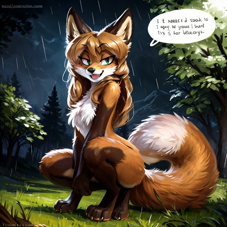 uploaded to E621, by Kenket, by Ross Tran, by Michael & Inessa Garmash, by Pino Daeni, by Kiguri, by Alena Aenami, by Ruan Jia, A solo vixen squatting looking in the air ((female) (anthro) ([foxl])), beautiful and detailed portrait of an anthropomorphic vixen ((female)), anthro fox girl, body fur, flat chest, chest fluff, body fur, curvy, sexy, nice, cute, hot, sassy, sassy hips, (Averi, Fox girl), hi res, photorealism, soft shading, (detailed fur: 1.1), happy looking, (legs), (solo: 1.1), tail raised, ((beautiful) eyes: 1.1), (detailed eyes: 1.1), (detailed), (masterpiece: 1.2), (athletic), good anatomy, detailed face, speech bubble, heart, hearts, seductive pose, sexy pose, in a park, tree, night, rain, wet fur