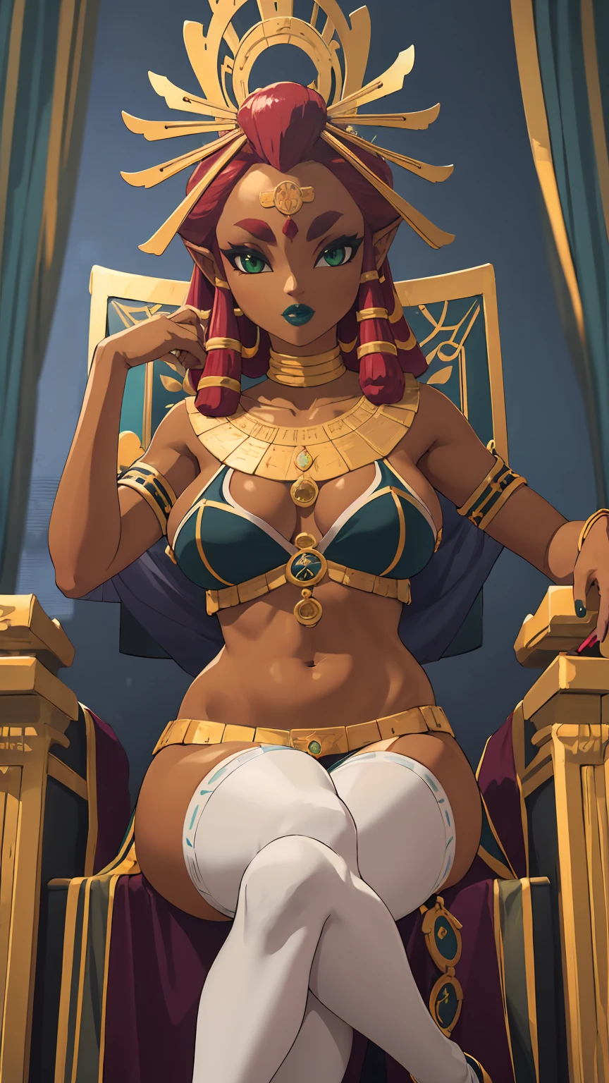 Big breasts, green eyes, dark blue lips, sitting on a throne, lingerie, transparent stockings, Riju