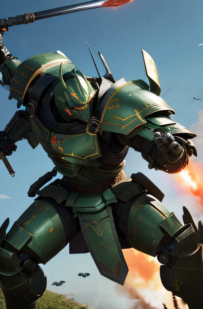 Highest quality、8K、Fantasy、detailed、Giant robot whole body、Dark Green、Armored Samurai Robot、The heavily armored body was developed as a weapon..、Damaged or dirty、Complex Texture、Solidly constructed and textured body、(Large hand-held weapons、Large Rifle、Big sword)、Samurai helmet-like head、The face is accurately drawn、Battle in the Wilderness、masterpiece