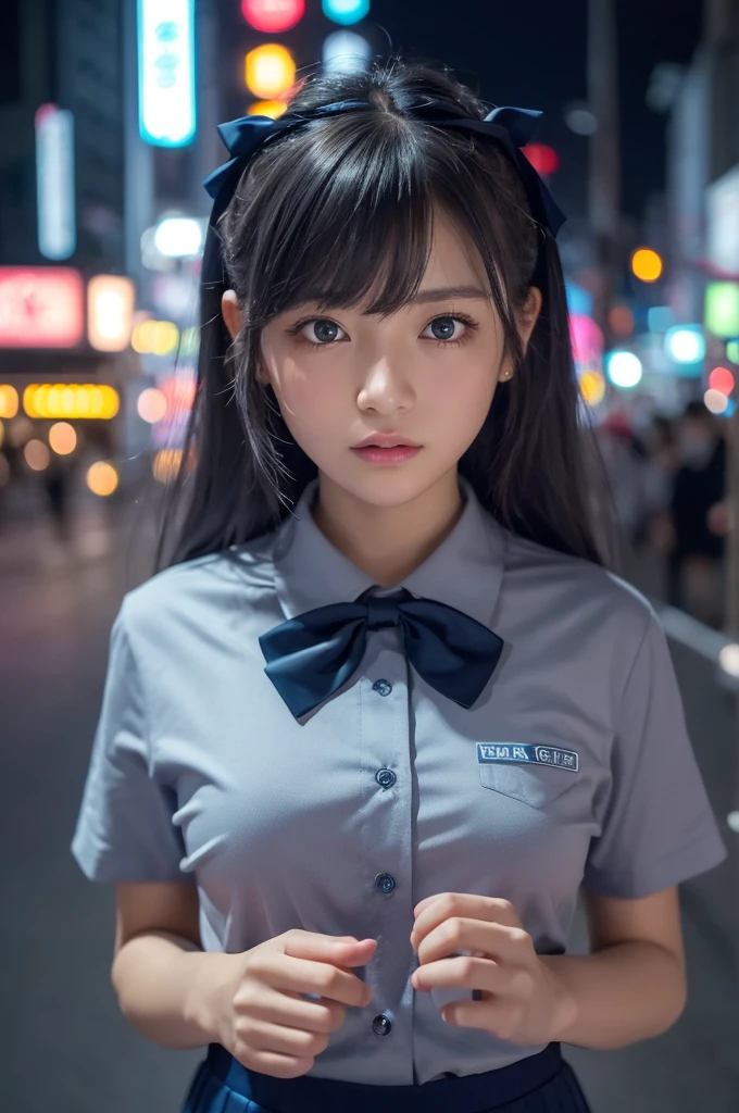 (8K, RAW Photos, masterpiece:1.3), (Realistic, photo-Realistic:1.37), (night), (View your viewers:1.331), (Gray Hair), Pause, Tokyo Street, nightcityscape, Cyberpunk City, Soft Light, One girl, Very beautiful face, bust, Put your hands down, Random hairstyle, Random representation, Big eyes, Lower abdomen, (Short sleeve .ＪＫ_shirt), ＪＫ_style, (dark blue ＪＫ_skirt), (bow ＪＫ_tie), Mix 4., Highest quality