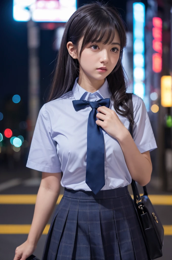 (8K, RAW Photos, masterpiece:1.3), (Realistic, photo-Realistic:1.37), (night), (View your viewers:1.331), (Gray Hair), Pause, Tokyo Street, nightcityscape, Cyberpunk City, Soft Light, One girl, Very beautiful face, bust, Put your hands down, Random hairstyle, Random representation, Big eyes, Lower abdomen, (Short sleeve .JK_shirt), JK_style, (dark blue JK_skirt), (bow JK_tie), Mix 4., Highest quality