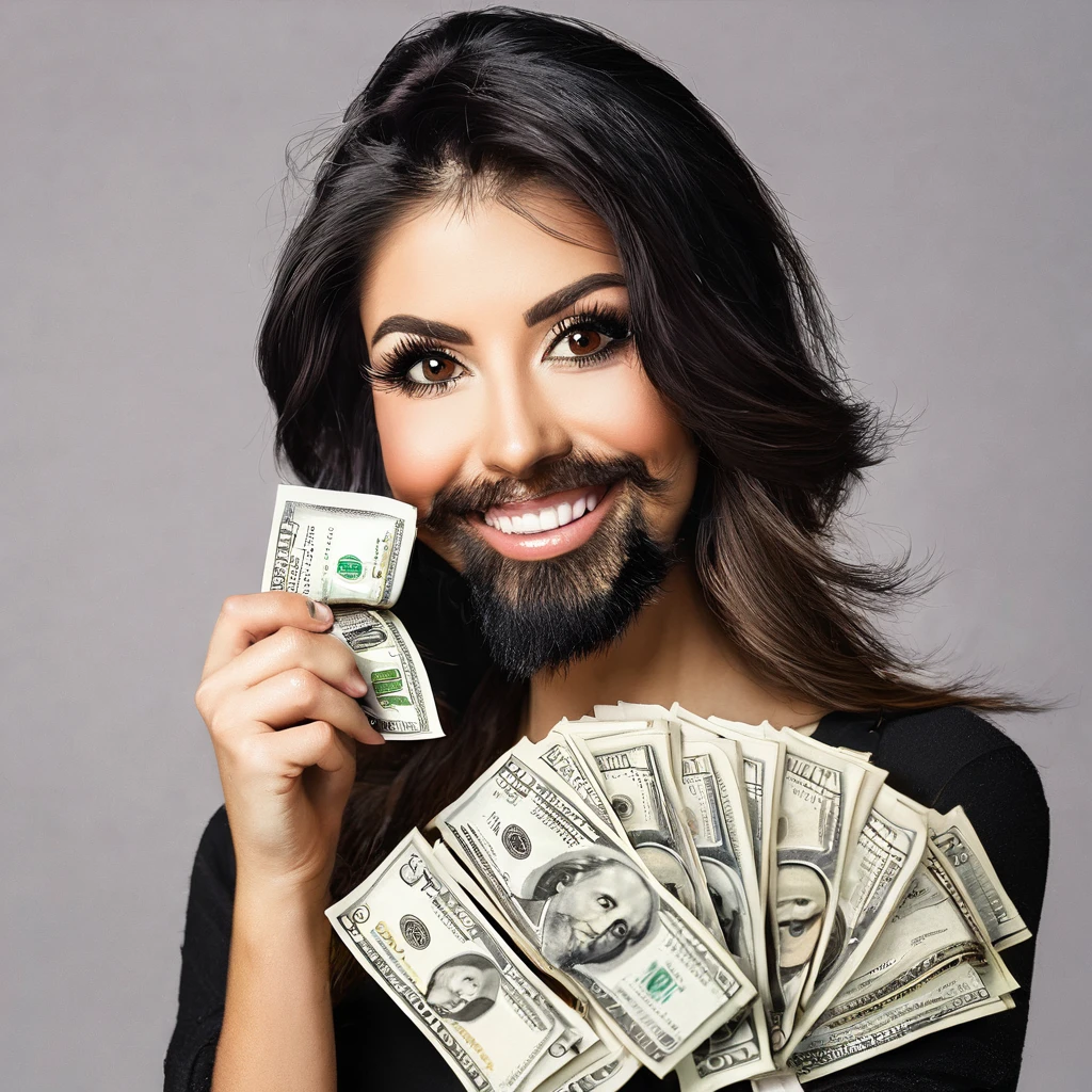 
bearded woman beautiful shaggy beard, black hair, brown eyes, eyeliner, proud smile, seductive look, hold a load of dollar bills
