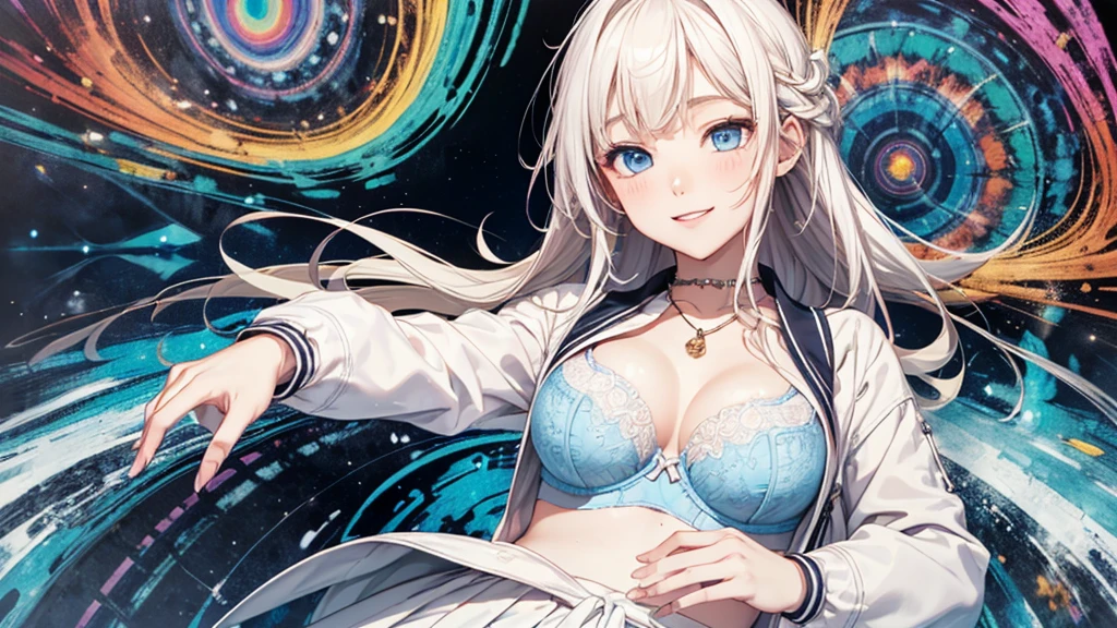 Highest quality、Tabletop、1 Female、solo、20-year-old,(Abstract art.Psychedelic Theme:1.4),Smile、Close your mouth、Brown Single Blade、(White sailor suit lift:1.5)、huge ,(Light blue bra:1.3),Black knee-high socks、Checked skirt、Blushing、(Deep blue eyes:1.4)、evening、There are many countryside、Big Sunset、Small Necklace、To the Cloud、(Upper Body:1.1)