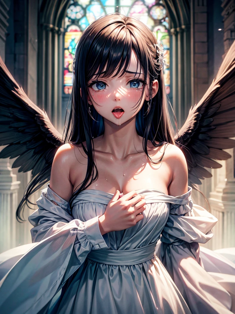 Highest Resolution,Highest quality,1People Girls,beautiful girl,Full body close-up,The body is frontal,looking at the camera,Standing posture,Crying face,Tears,Stringy saliva,Open your mouth,Sticking out tongue,Saliva,Tears overflow,Dripping a lot of saliva,Drooling,Winged Angel,church,ring on head,white,