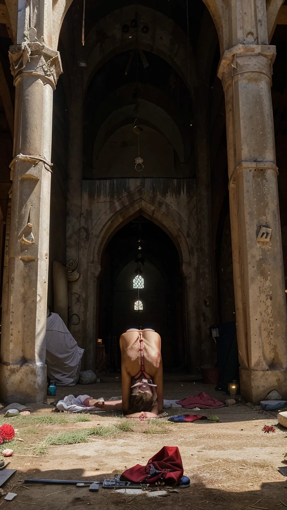 Describe the realistic atmosphere of slaughtering sacrificial animals on the Eid al-Adha holiday in the mosque yard, with officers using complete slaughtering equipment, sacrificial animals that have been prepared, and families watching solemnly and gratefully.