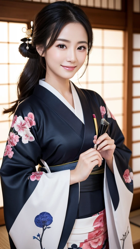 (Super beautiful woman in kimono)、((highest quality、8K masterpiece:1.3))、sharp focus:1.2、(super beautiful face:1.0)、(shiny skin:1.0)、realistic pictures、black hair、video lighting、High resolution eyes and face、video lighting、japanese actress、from the front、with a happy smile、whole body、wearing a kimono、in Kyoto、(luxury obi)、Brush hair up with  fingers.