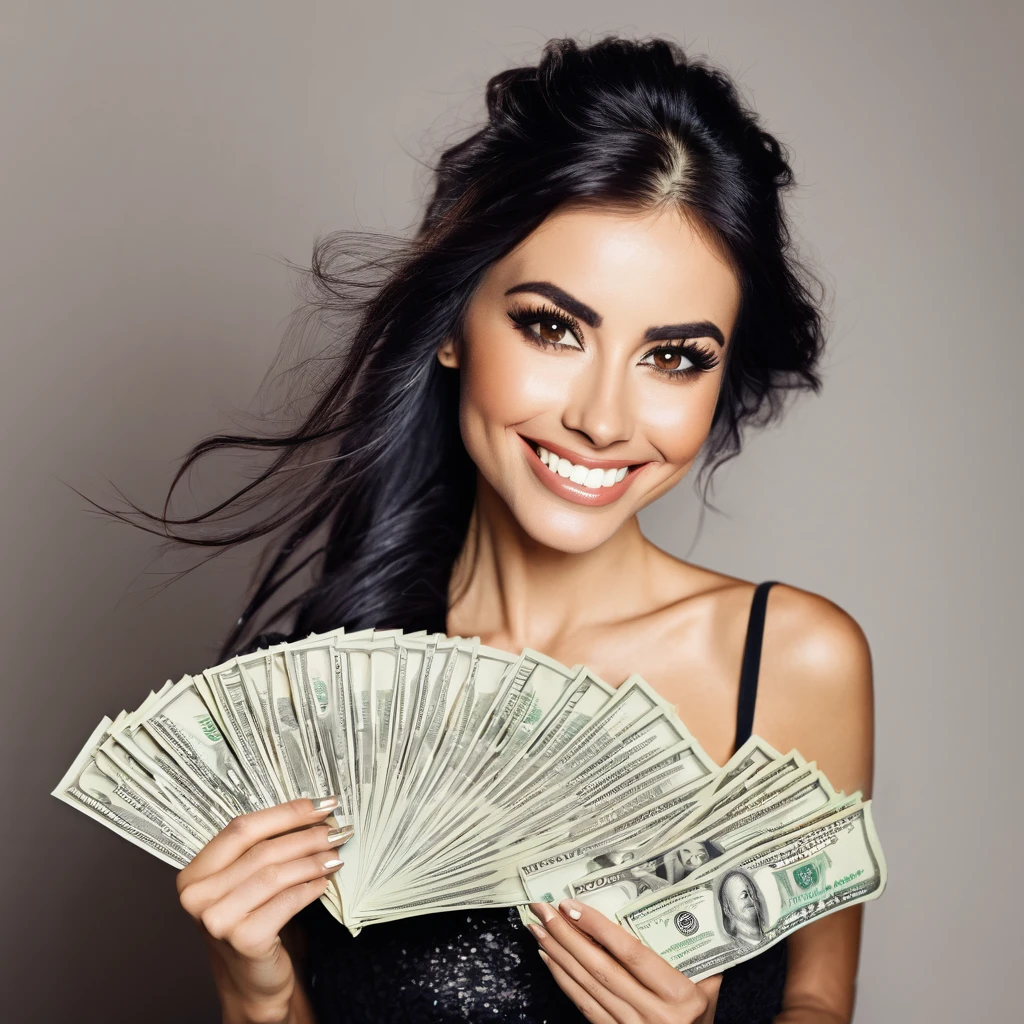 
bearded woman beautiful shaggy beard, black hair, brown eyes, eyeliner, proud smile, seductive look, hold a load of dollar bills