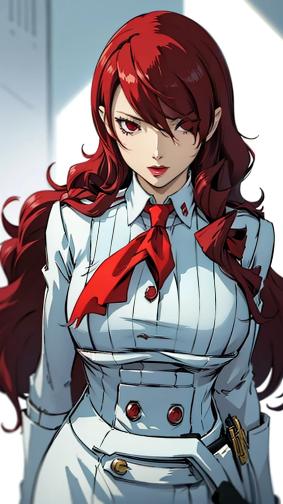 1 milf, huge breast, suit, tie, Mitsuru kirijo, portrait, , red eyes, long hair, hair over one eye , lipstick, red hair