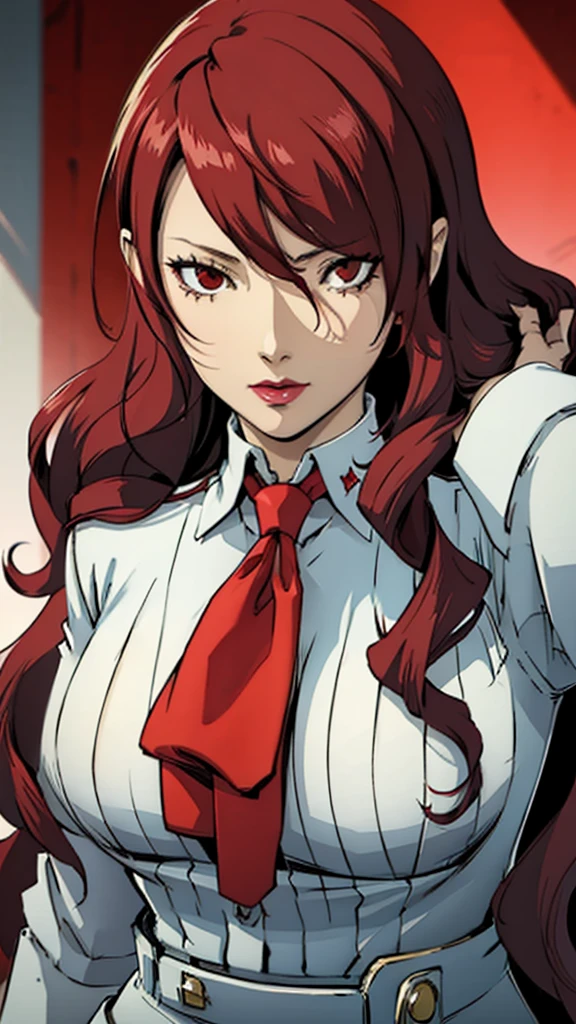 1 milf, huge breast, suit, tie, Mitsuru kirijo, portrait, , red eyes, long hair, hair over one eye , lipstick, red hair