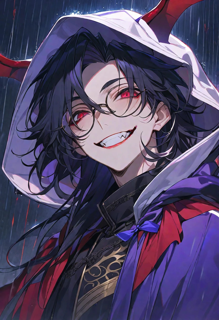 solo, handsome,
1 male,
long hair,straight hair,Braided black hair, devil,
red eyes, Gojo Satoru,casual, Prince,cloak ,black court,cool,smile ,Round Glasses,Put on the hood,rain, vampire,BLOOD,PIERROT,
black background,look up,Face close-up