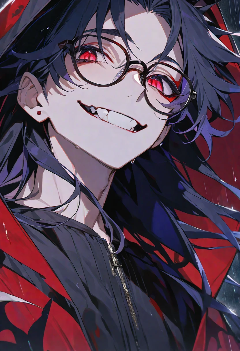 solo, handsome,
1 male,
long hair,straight hair,Braided black hair, devil,
red eyes, Gojo Satoru,casual, Prince,cloak ,black court,cool,smile ,Round Glasses,Put on the hood,rain, vampire,BLOOD,PIERROT,
black background,look up,Face close-up