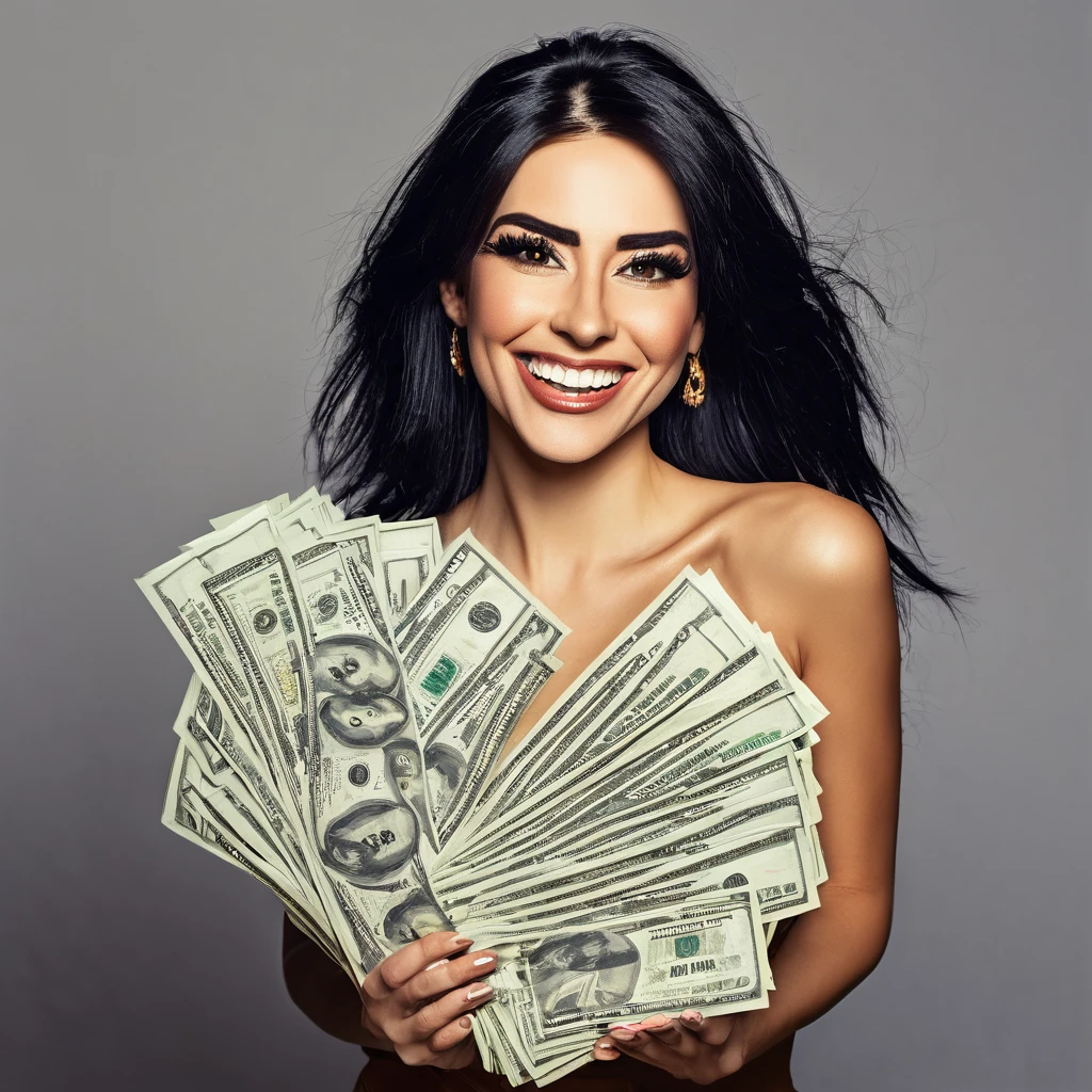 
bearded woman beautiful shaggy beard, black hair, brown eyes, eyeliner, proud smile, seductive look, hold a load of dollar bills