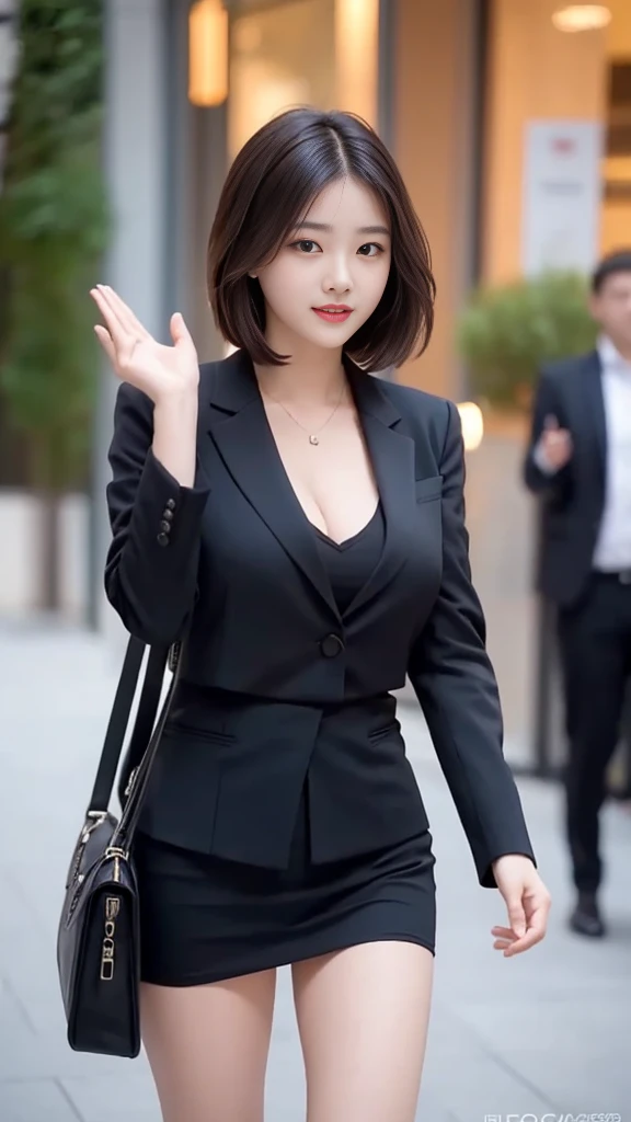 best quality, masterpiece, 1 Girl, Pretty Face, (photo Practical:1.3), Rim Light, (High Detail Skin:1.2), 8K uhd, Digital SLR Camera, high quality, high resolution, 4K, 8K, Bokeh, absurd, The best ratio of four fingers and one thumb, (Practical:1.3), cute 1 Girl, Wearing a black formal suit jacket, Medium breasts, Short skirt,