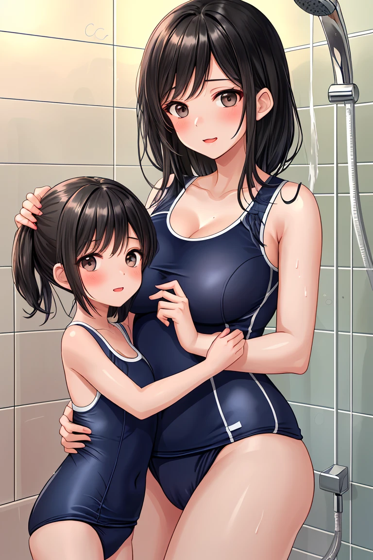 Beauty mother-in-law Black Hair Mother and daughter have beautiful breasts School Swimsuit shower