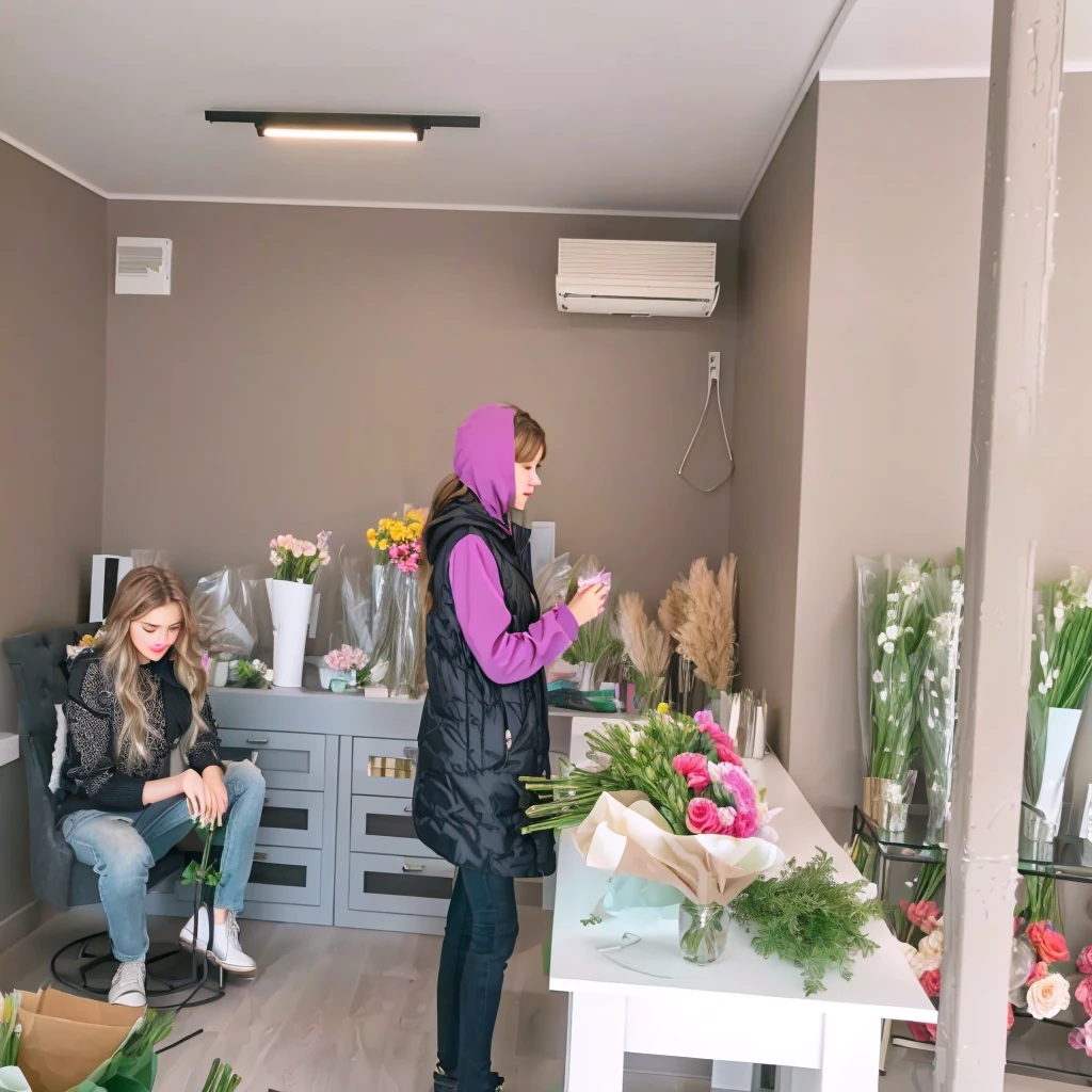 Best quality, 8 k, masterpiece: Flower shop: Ultra-modern flower shop: young girl: girl collecting a bouquet: sitting girl delete: interior design: Beautiful flowers: bright room: Girl face rosary: Workflow: modern furniture: Minimalist design: