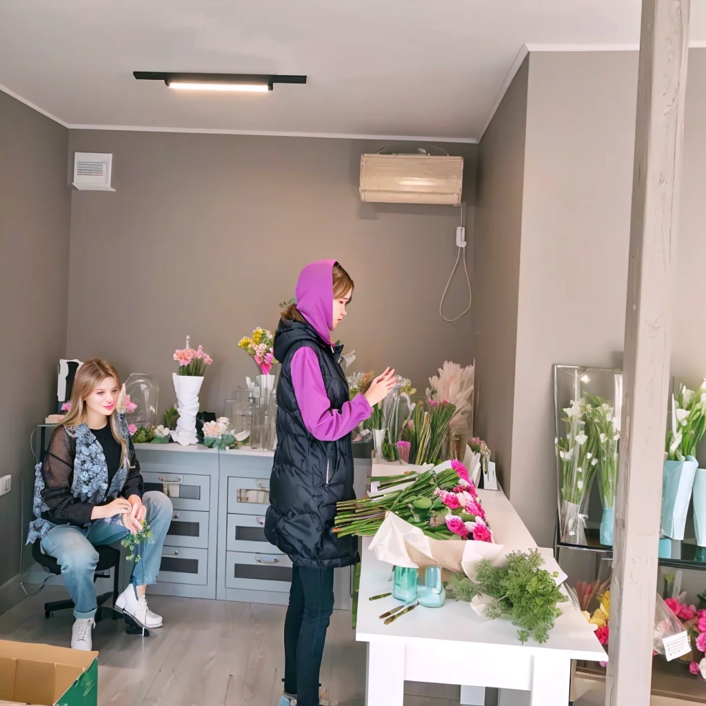 Best quality, 8 k, masterpiece: Flower shop: Ultra-modern flower shop: young girl: girl collecting a bouquet: sitting girl delete: interior design: Beautiful flowers: bright room: Girl face rosary: Workflow: modern furniture: Minimalist design: