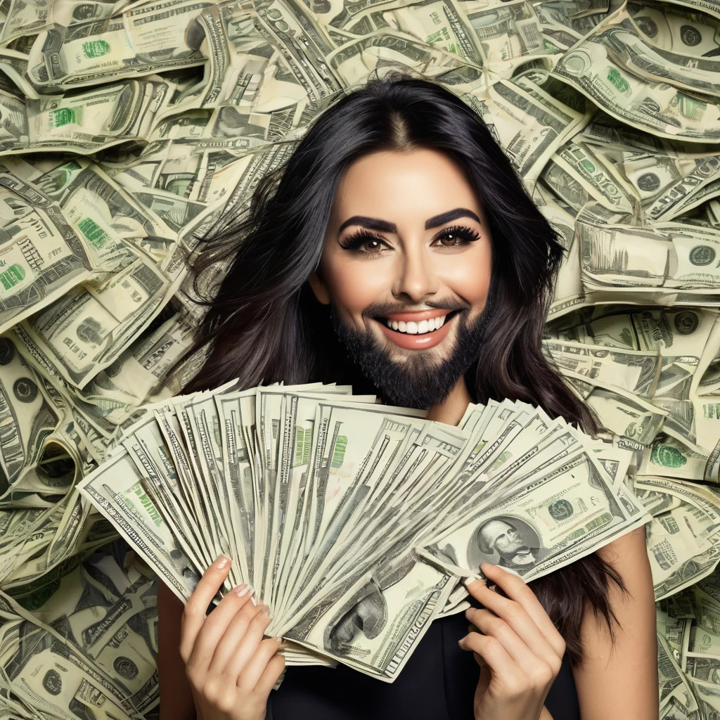 
bearded woman beautiful shaggy beard, black hair, brown eyes, eyeliner, proud smile, seductive look, hold a load of dollar bills