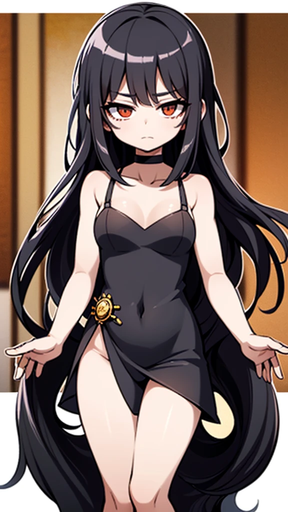 Black Hair Girl。Long Hair。Cool vibe。Wearing a black dress。whole body。front。Standing still。