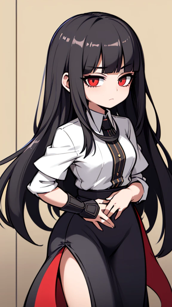 Black Hair Girl。Long Hair。Cool vibe。Wearing a black dress。whole body。front。Standing still。