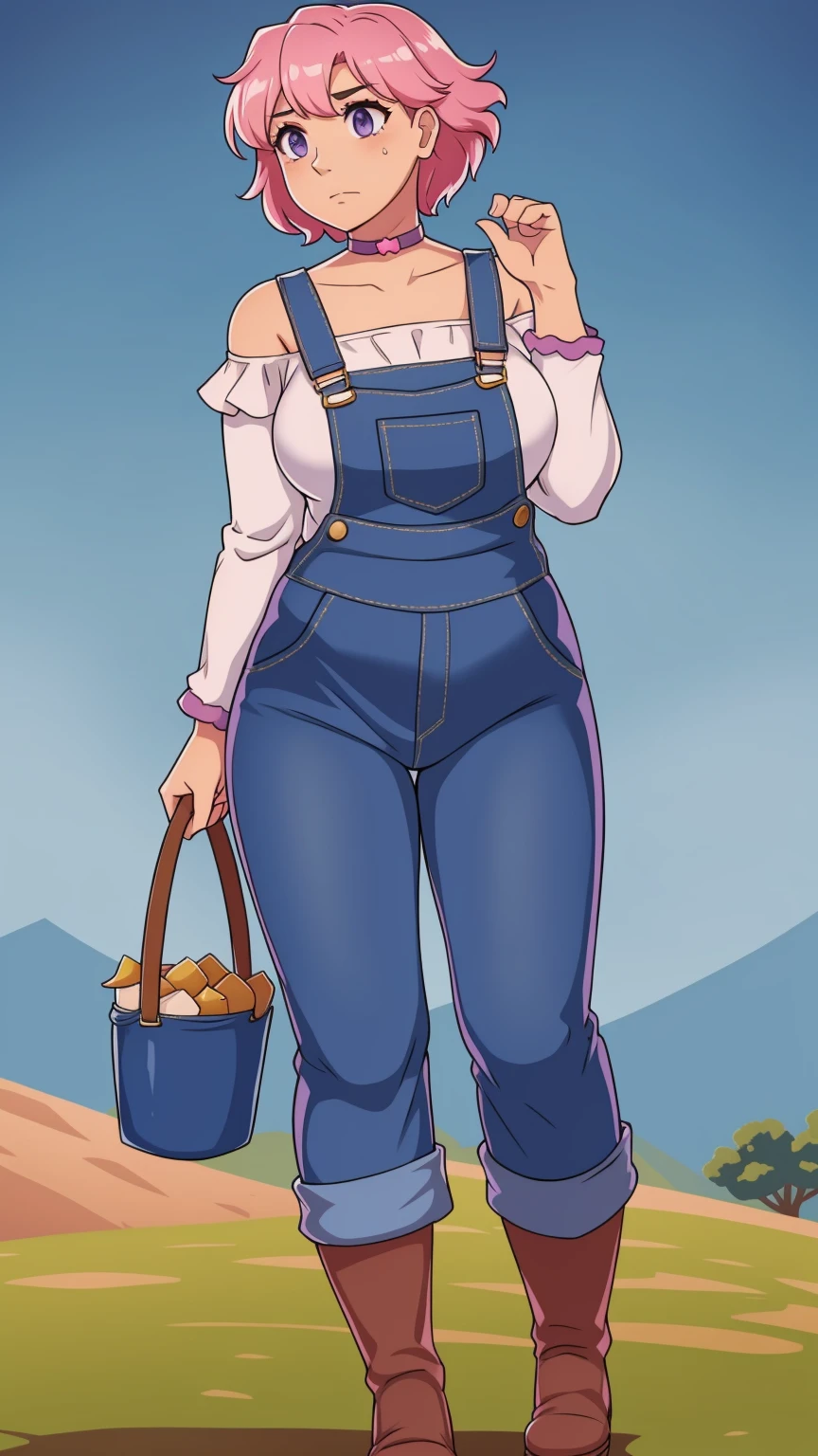 sad, farm backround, Full body, looking at viewer, 1girl, solo, short pink hair, (dark blue choker), (dark blue denim overalls), (purple eyes), (pink boots), (white shoulder lantern sleeve blouse, tucked in pants