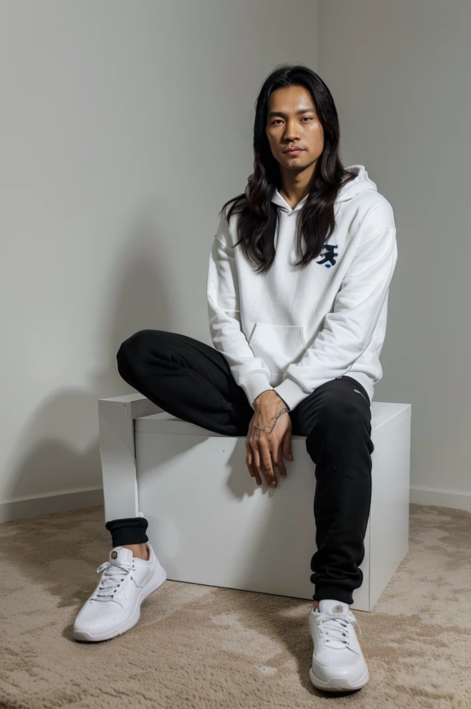 prompt/command "realistic photo, Asian man, has medium straight hair, 33 years old, wearing a white hoodie with the WhatsApp logo. wearing black pants, black Jordan shoes. Sitting in a rectangular box with the WhatsApp logo , Photo Realistic 3D, best rendering".