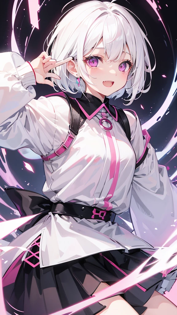 White Hair、Pink Eyes、Short Hair、laughing、Only one girl、alone、Cute、Face is close、laughing、it's raining、Holding an umbrella、at the park