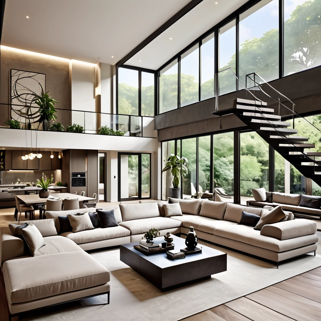 Design a futuristic and minimalist living room with a high ceiling and an open-plan layout. The room features a large sectional sofa with neutral tones, surrounded by modern coffee tables and a stylish lounge chair. The space includes a unique floating staircase leading to an upper mezzanine level. The walls and ceiling have a geometric design with integrated lighting. The overall design should be sleek and sophisticated, with a focus on clean lines and modern elements. Add a few decorative items and plants to enhance the contemporary feel