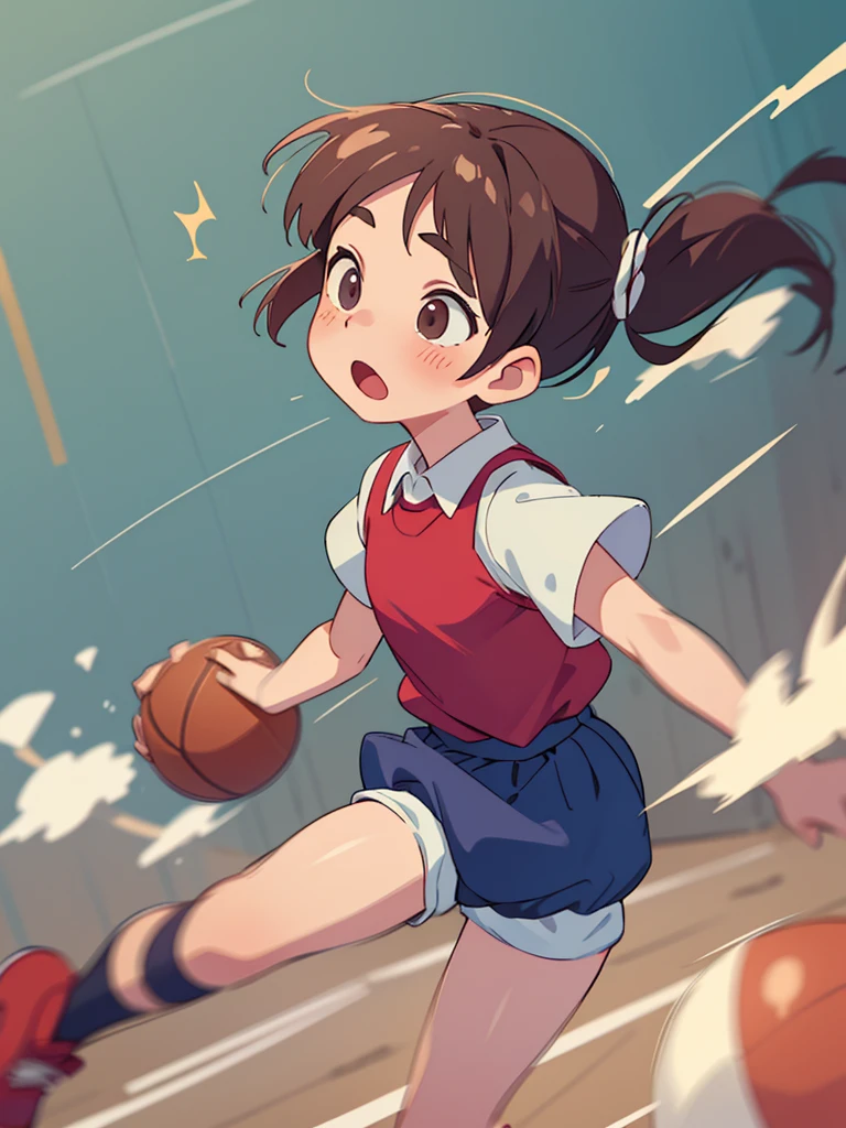 School Physical education class , healthy Eros , halation , ugly girl , round face , loose body , (Bloomers) , basketball , motion blur , dynamic play