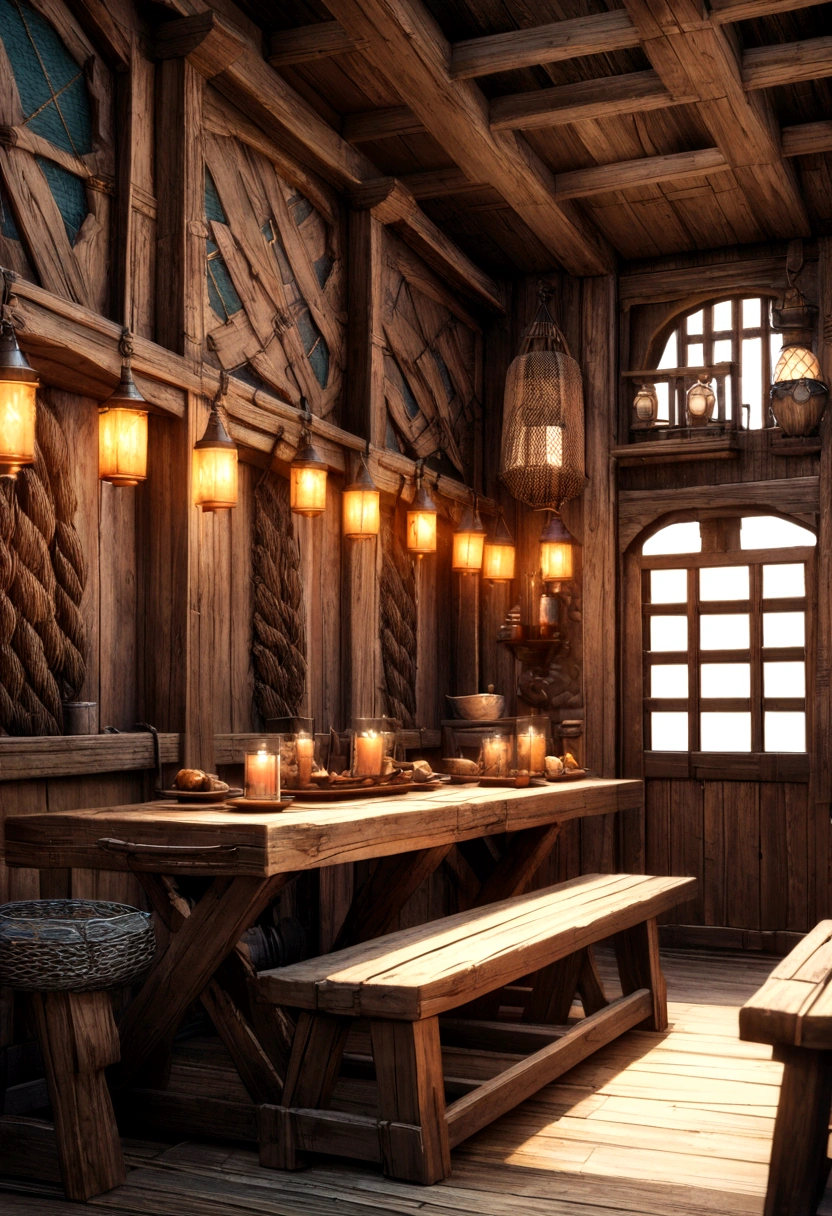 a nautical tavern interior with open windows, detailed wood furniture, intricate wall carvings, hanging lanterns, glowing candles, rough stone walls, detailed ship models, fishing nets and ropes, weathered textures, bright color tones, photorealistic, ultra-detailed, best quality, 4k