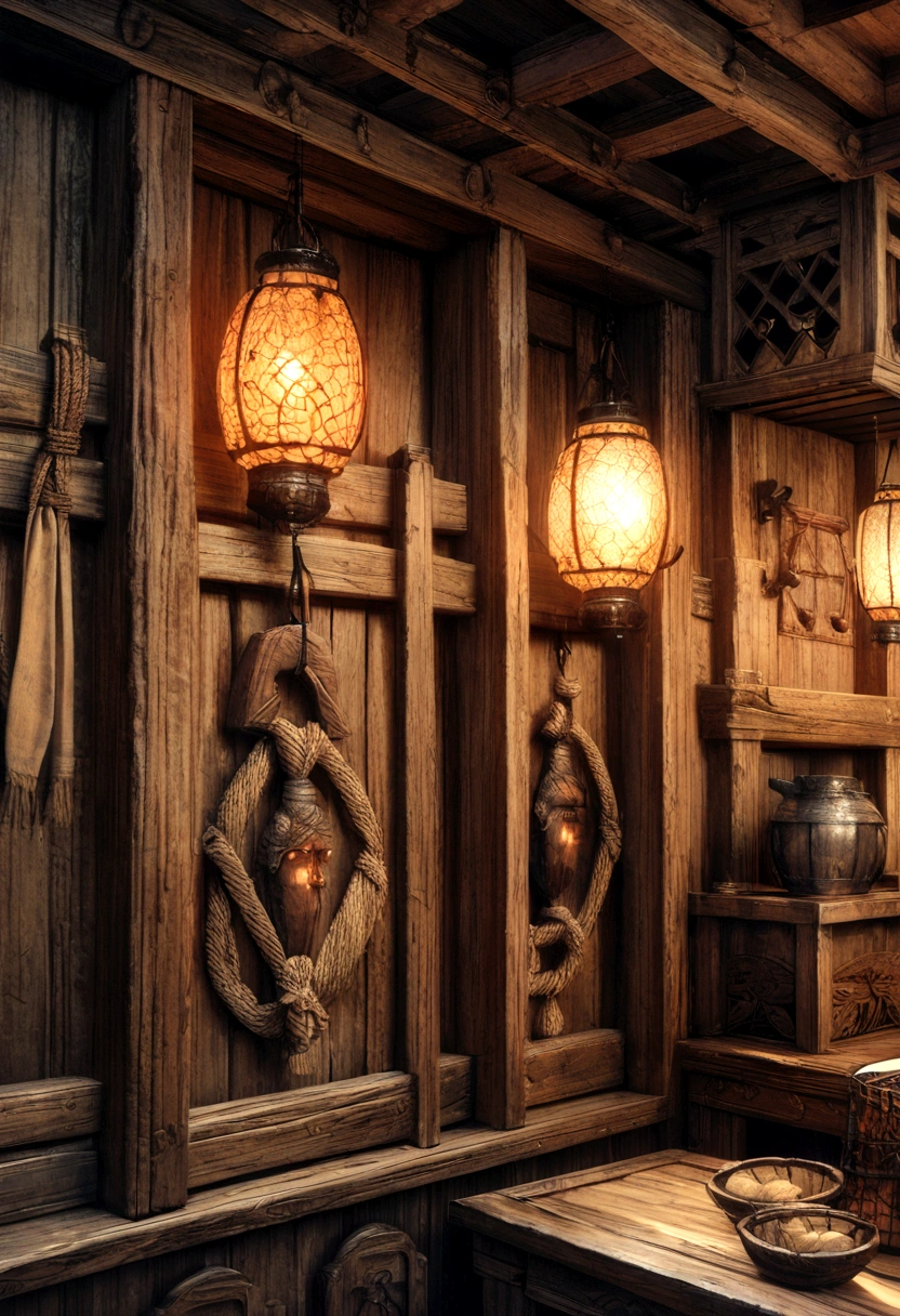 a nautical tavern interior with open windows, detailed wood furniture, intricate wall carvings, hanging lanterns, glowing candles, rough stone walls, detailed ship models, fishing nets and ropes, weathered textures, bright color tones, photorealistic, ultra-detailed, best quality, 4k