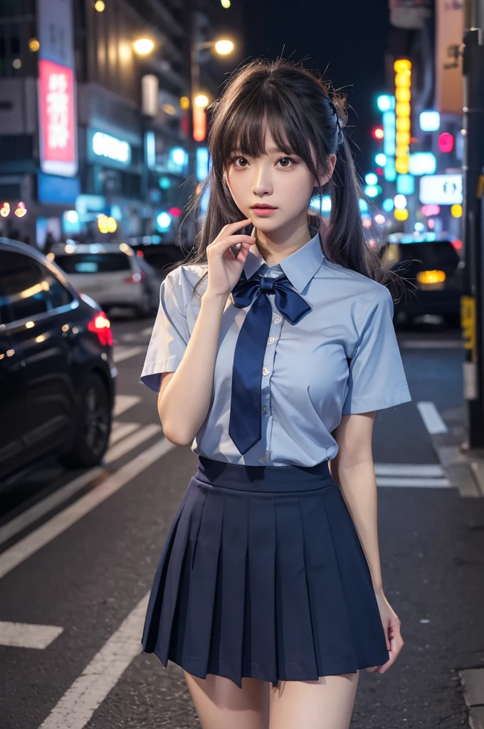 (8K, RAW Photos, masterpiece:1.3), (Realistic, photo-Realistic:1.37), (night), (View your viewers:1.331), (Gray Hair), Pause, Tokyo Street, nightcityscape, Cyberpunk City, Soft Light, One girl, Very beautiful face, bust, Put your hands down, Random hairstyle, Random representation, Big eyes, Lower abdomen, (Short sleeve .JK_shirt), JK_style, (dark blue JK_skirt), (bow JK_tie), Mix 4., Highest quality