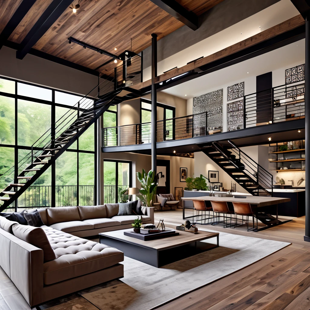 Create a modern and spacious living room with an industrial chic aesthetic. The room should include a large, comfortable sectional sofa in neutral colors, accompanied by contemporary coffee tables and a sleek lounge chair. A floating staircase leads to a mezzanine level, adding architectural interest. The walls and ceiling feature geometric patterns with built-in lighting to create a warm ambiance. Ensure the design is minimalistic yet stylish, incorporating a few well-placed decorative items and plants to complete the look.