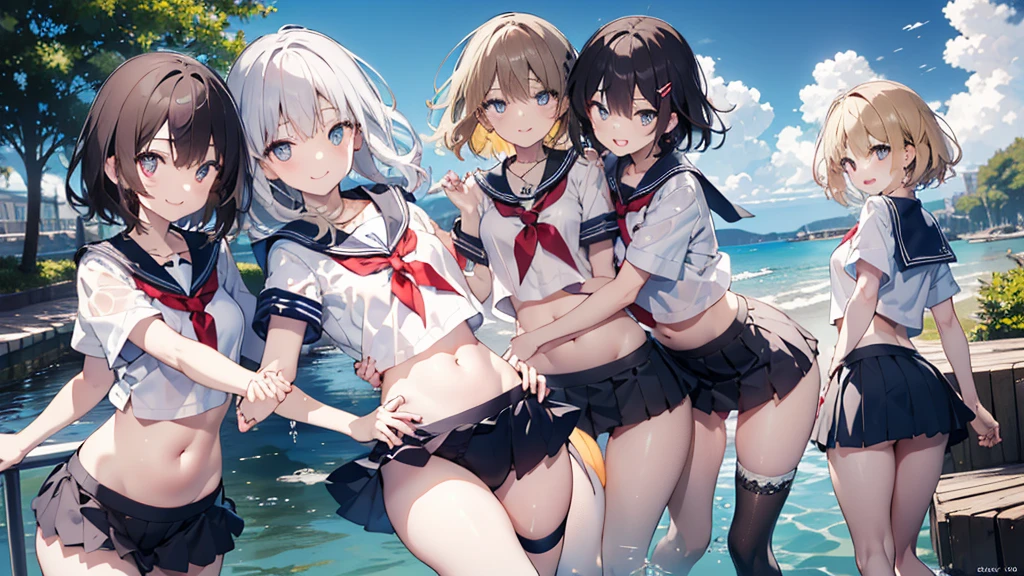 ((Highest quality)), ((masterpiece)), (Precision Needle), Perfect Face, smile, (Laughing with your mouth open:1.3), Embarrassed look, (hug:1.3), (Accurate Fingers:1.3), hair band, head band, Hair ties, blouse, Pastel colored underwear, High resolution eyes, Accurate Eyes, (High resolution eyes:1.8), (High quality finger 1.8), light smile, women are posing for a camera outdoors in the water, (small chest), Multiple Girls, chest, Realistic, 4-year-old, 5 years old, 6 years old, 7 years old, Knee socks, Short skirt, Asian, Westerners, Silver Hair, Brown Hair, Blonde, belly button, jewelry, View your viewers, necklace, water, , Wet, Long Hair, short hair, Abdominal muscles, Precision small needle, Sailor suit,