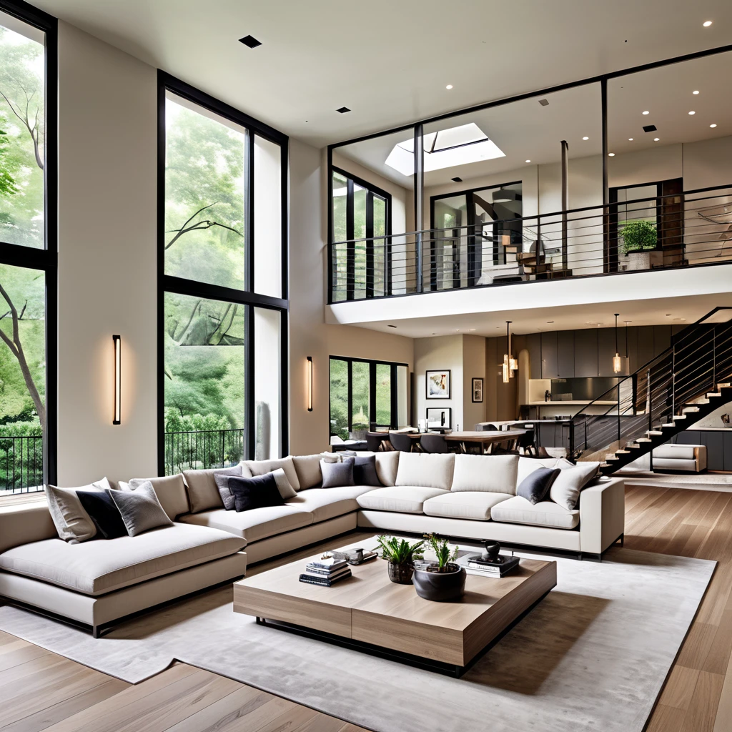 Design a contemporary and airy living room with a high ceiling and open layout. The space includes a large sectional sofa with a neutral palette, modern coffee tables, and a chic lounge chair. The floating staircase leading to the mezzanine level adds a unique architectural element. The walls and ceiling have a geometric design with integrated lighting to create a sophisticated atmosphere. Focus on clean lines and a minimalist approach, adding a few decorative accents and greenery to enhance the overall aesthetic