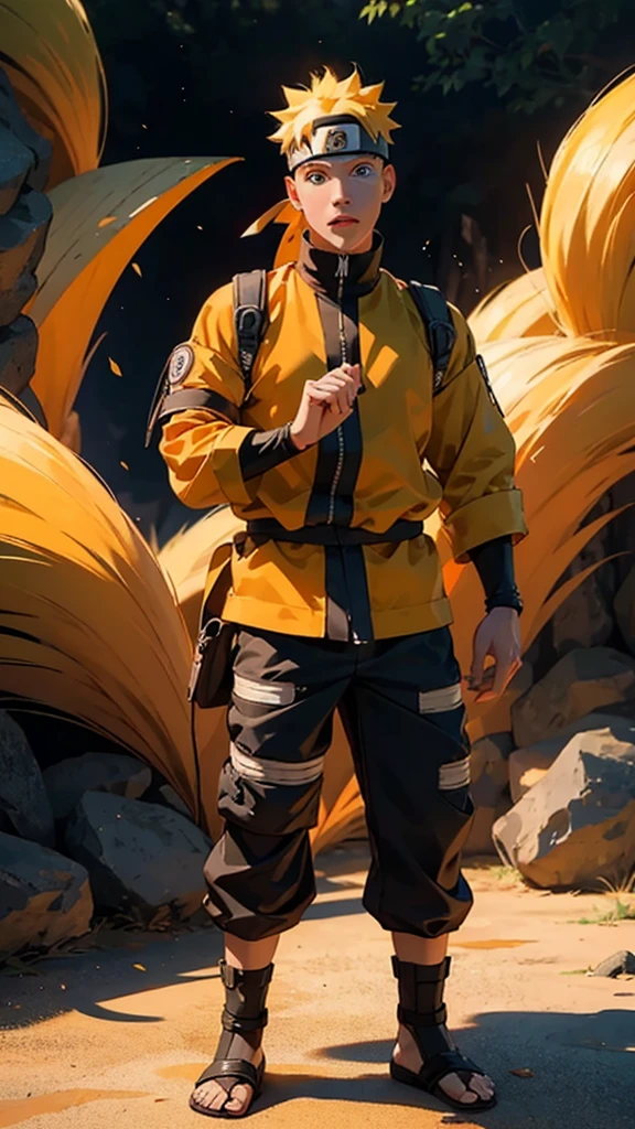 full body of naruto uzumaki,masterpiece, best quality, full detailed, 1boy, handsome,male,looking at viewer, naruto, naruto uzumakidetailed blue eye,naruto uzumakiyellow hair,naruto uzumaki konoha realistic detail leaf headband,naruto uzumaki eye realistic,naruto uzumaki nose realistic,naruto uzumaki mouth realistic,naruto uzumaki skin realistic,naruto uzumaki face realistic,head realistic,body realistic, background art cinematic,backpack,big eye sharp, photorealistic, photoshoot, only three line in face.