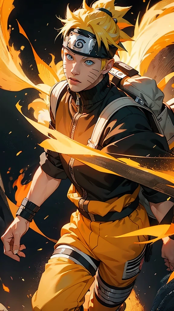 full body of naruto uzumaki,masterpiece, best quality, full detailed, 1boy, handsome,male,looking at viewer, naruto, naruto uzumakidetailed blue eye,naruto uzumakiyellow hair,naruto uzumaki konoha realistic detail leaf headband,naruto uzumaki eye realistic,naruto uzumaki nose realistic,naruto uzumaki mouth realistic,naruto uzumaki skin realistic,naruto uzumaki face realistic,head realistic,body realistic, background art cinematic,backpack,big eye sharp, photorealistic, photoshoot, only three line in face.