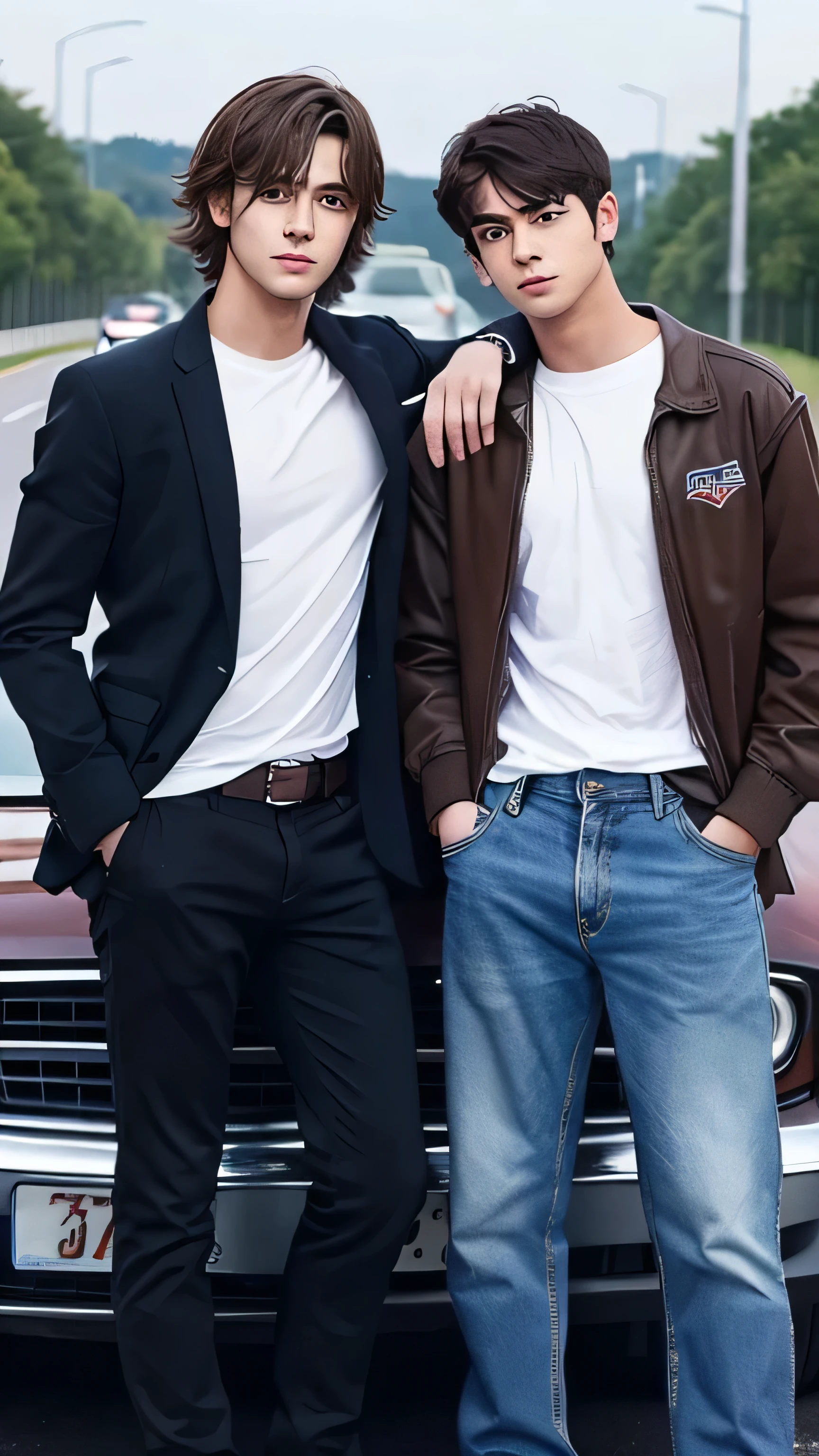 Two teenage young, no bearded American men are standing with their hands in their pockets. One is leaning against a car. They are positioned in the middle of the highway. One man is tall, handsome, and has short hair, while the other is handsome with long hair.