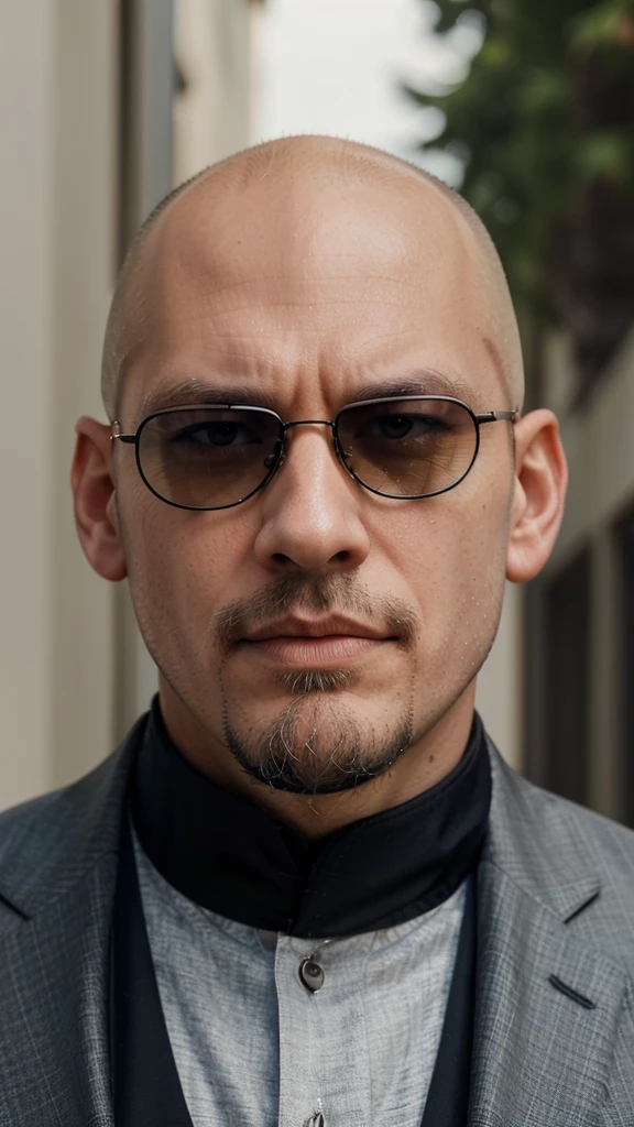 a close up of a bald man, slim fit face, wearing sunglasses and a suit, bald with short beard, short goatee, thin beard, shaved beard, with glasses and goatee, goatee beard, goatee, manly arrogant domineering face