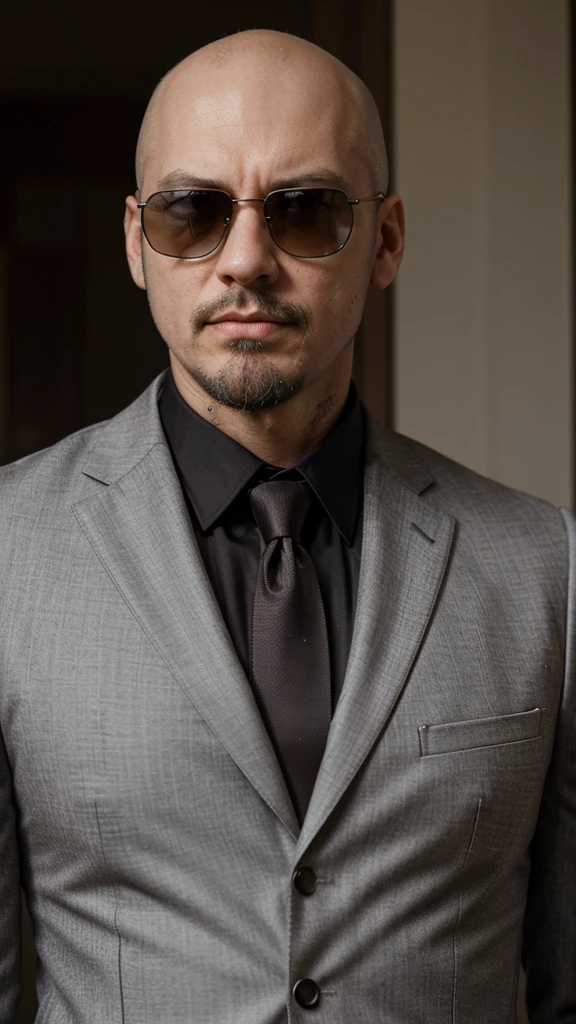 a close up of a bald man, slim fit face, wearing sunglasses and a suit, bald with short beard, short goatee, thin beard, shaved beard, with glasses and goatee, goatee beard, goatee, manly arrogant domineering face